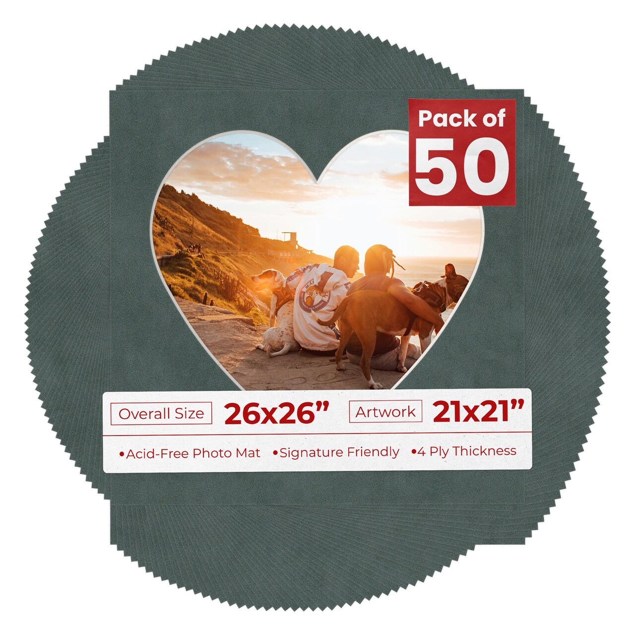 Dark Grey Suede Mat Board for 26x26 Frames - Heart Opening for 21x21 Photos